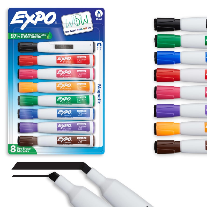 EXPO Magnetic Dry Erase Markers with Eraser, Assorted Colors, Chisel Tip, 8 Count - Back to School, Teacher Supplies, Home Organization - Image 1